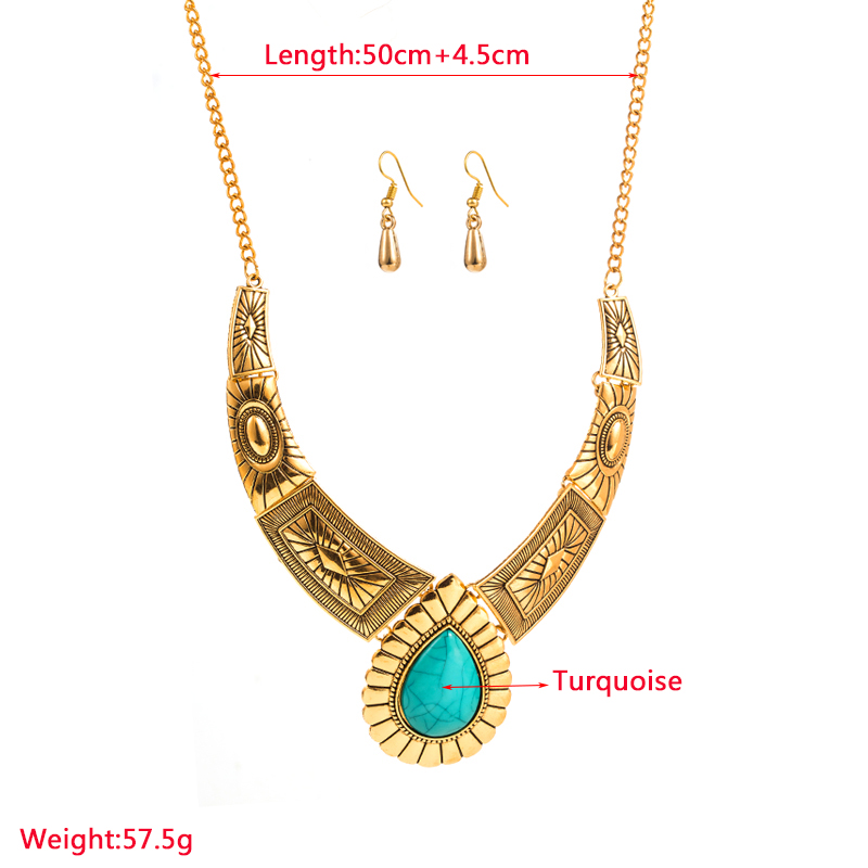 1 Set Vintage Style Water Droplets Alloy Inlay Turquoise Gold Plated Women's Earrings Necklace display picture 1