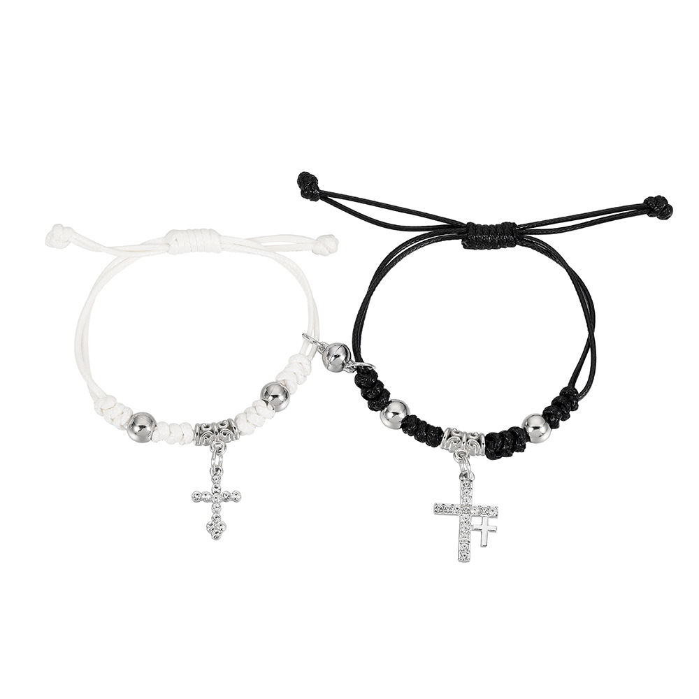 Romantic Simple Style Classic Style Cross Alloy Fabric Knitting Inlay Artificial Rhinestones White Gold Plated Couple Drawstring Bracelets display picture 3