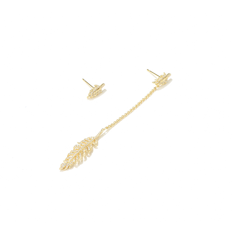 1 Pair Elegant Feather Asymmetrical Plating Inlay Copper Zircon 14k Gold Plated Drop Earrings display picture 2