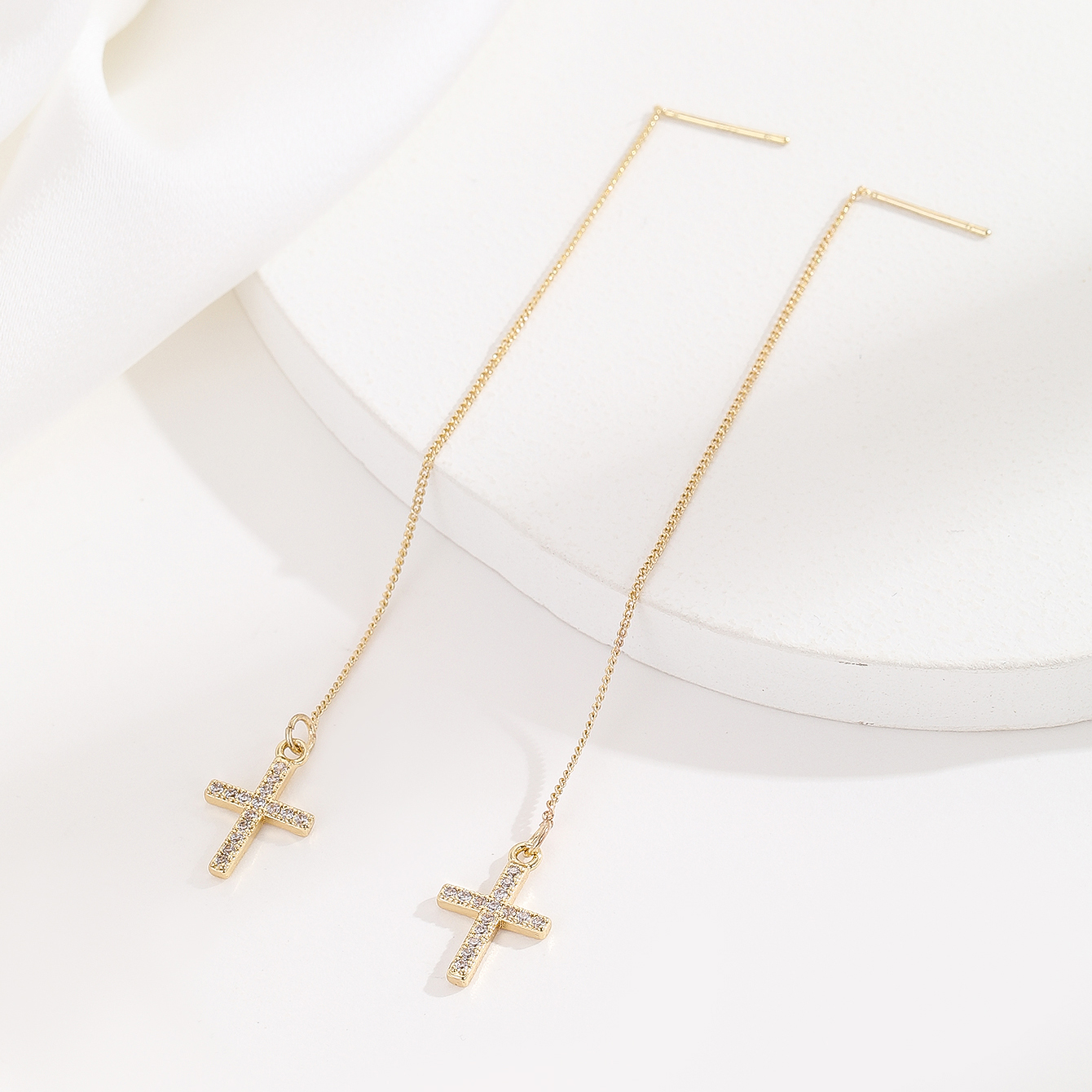 1 Pair Streetwear Korean Style Cross Plating Inlay Copper Zircon 14k Gold Plated Ear Line display picture 1