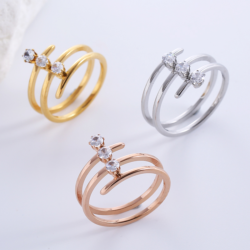 Casual Formal Lines Stainless Steel Inlay Zircon 18k Gold Plated Rings display picture 5