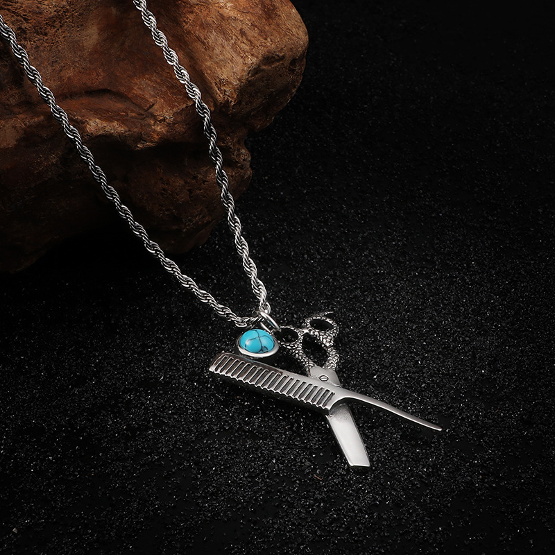 Hip-hop Retro Scissors Titanium Steel Inlay Turquoise Charms Jewelry Accessories display picture 3