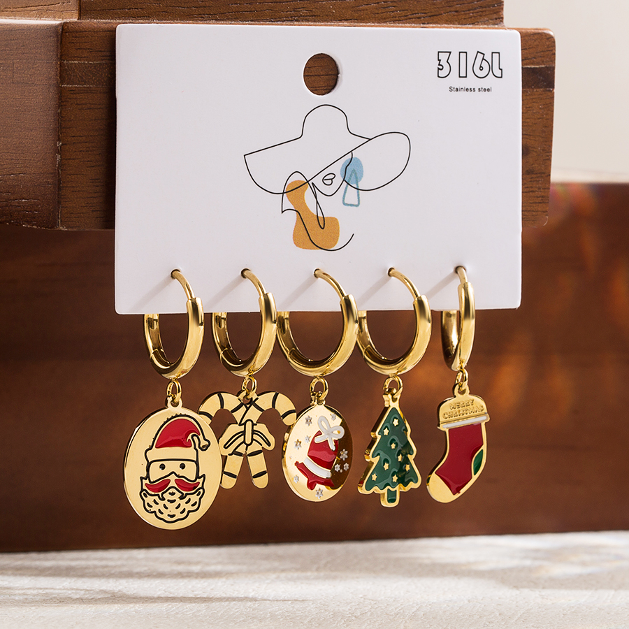 1 Set Cute Classic Style Christmas Tree Santa Claus Snowman Enamel Plating Stainless Steel 14k Gold Plated Drop Earrings display picture 1