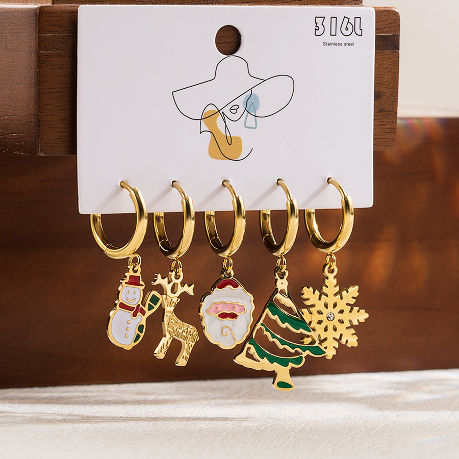 1 Set Cute Classic Style Christmas Tree Santa Claus Snowman Enamel Plating Stainless Steel 14k Gold Plated Drop Earrings display picture 2