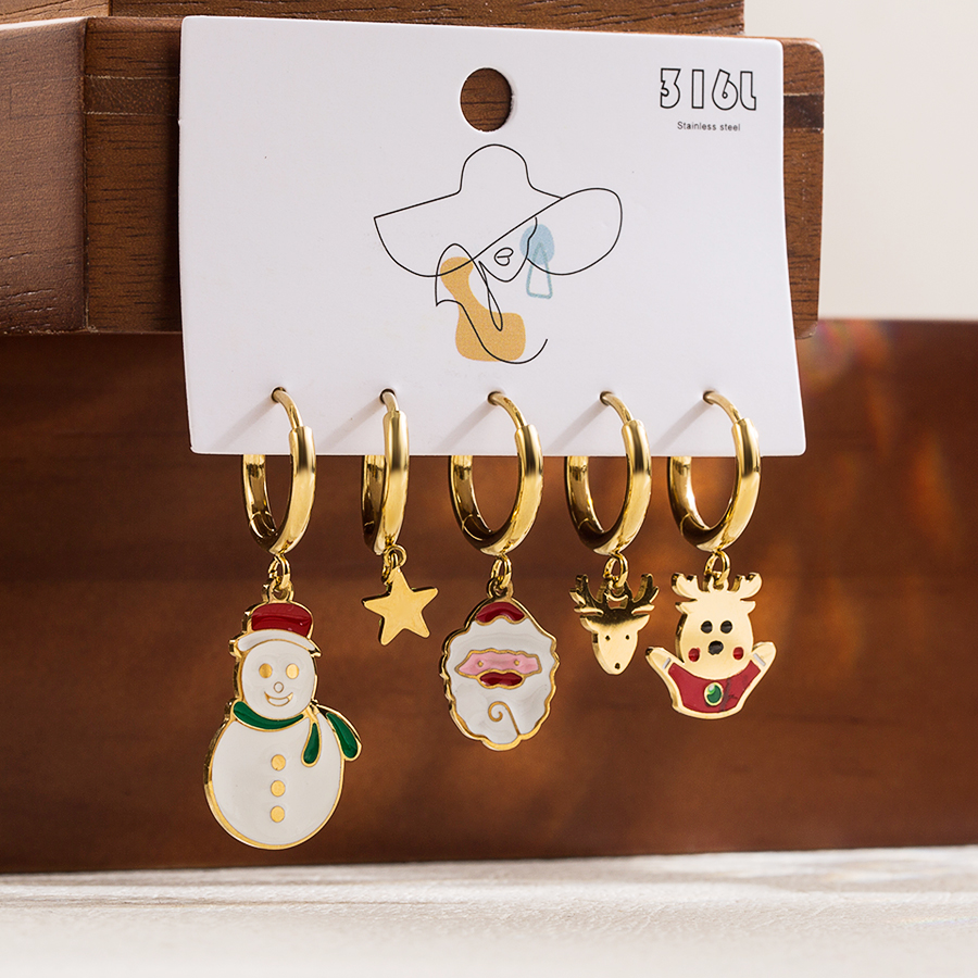 1 Set Cute Classic Style Christmas Tree Santa Claus Snowman Enamel Plating Stainless Steel 14k Gold Plated Drop Earrings display picture 3