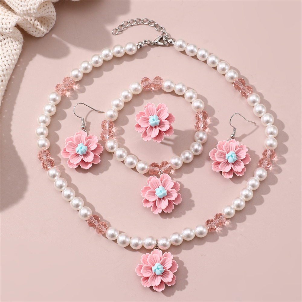 Retro Sweet Flower Resin Inlay Pearl Girl's Jewelry Set display picture 3