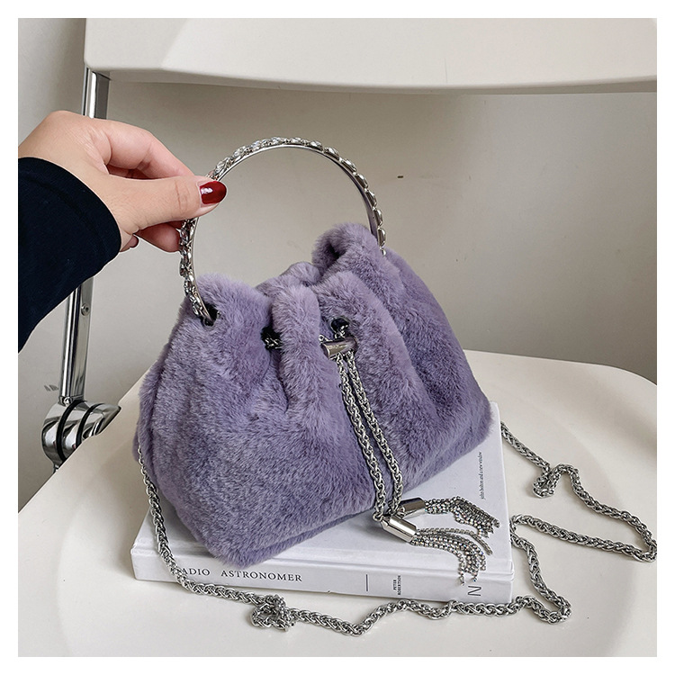 Purple Pink Khaki Plush Solid Color Bucket Evening Bags display picture 8