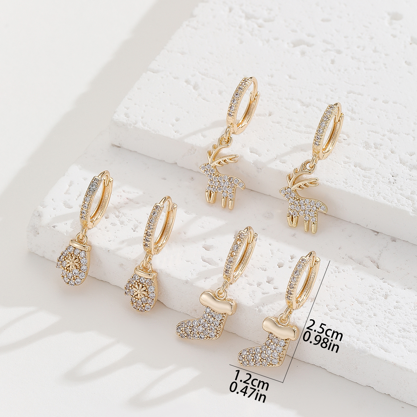 3 Pairs Cute Gloves Sock Elk Plating Inlay Copper Zircon Gold Plated Drop Earrings display picture 4