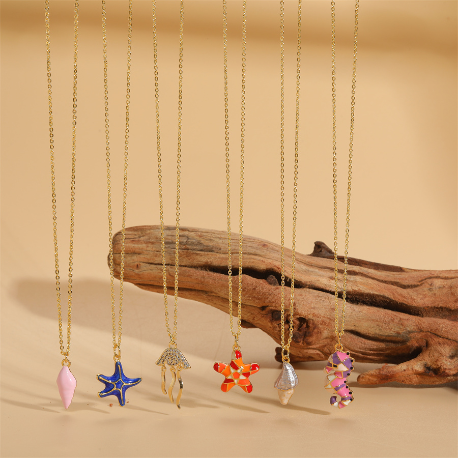 Beach Commute Starfish Copper 14k Gold Plated Zircon Pendant Necklace In Bulk display picture 6