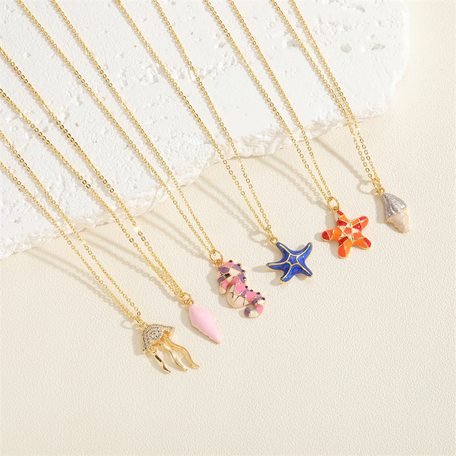 Beach Commute Starfish Copper 14k Gold Plated Zircon Pendant Necklace In Bulk display picture 8