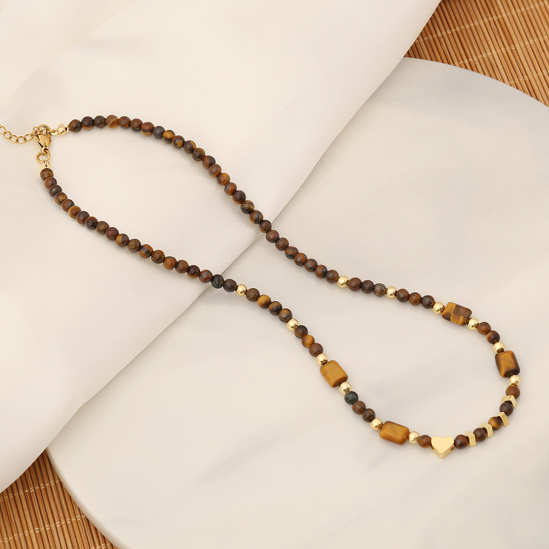 Stainless Steel Tiger Eye Copper 18K Gold Plated Retro Beaded Heart Shape Bracelets Earrings Necklace display picture 6