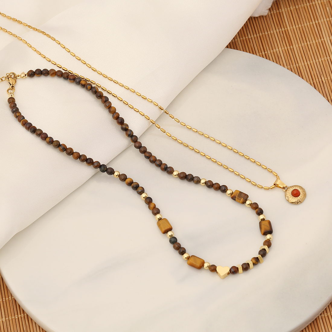 Stainless Steel Tiger Eye Copper 18K Gold Plated Retro Beaded Heart Shape Bracelets Earrings Necklace display picture 7