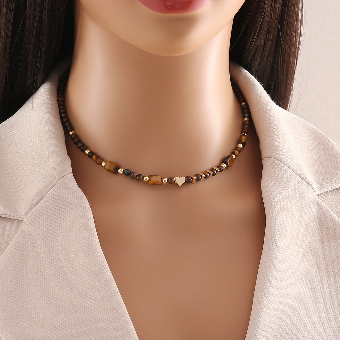 Rostfreier Stahl Tigerauge Kupfer 18 Karat Vergoldet Retro Perlen Herzform Armbänder Ohrringe Halskette display picture 3