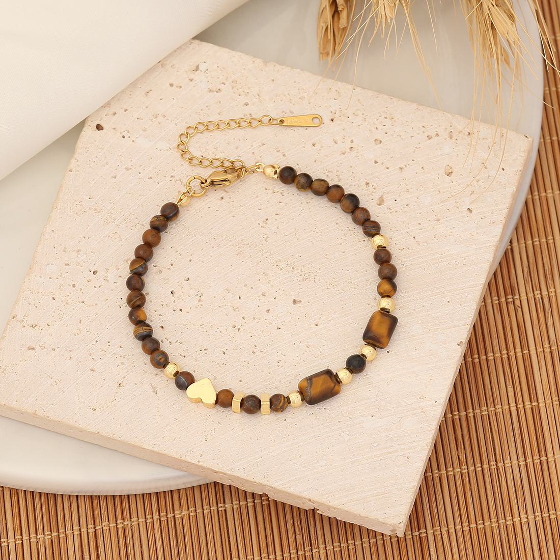Stainless Steel Tiger Eye Copper 18K Gold Plated Retro Beaded Heart Shape Bracelets Earrings Necklace display picture 8