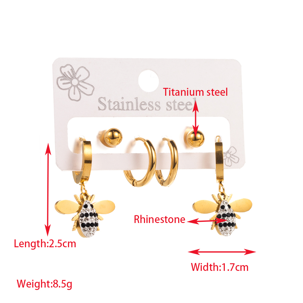 1 Set Elegant Round Heart Shape Bee Inlay 316 Stainless Steel  Rhinestones 14K Gold Plated Drop Earrings display picture 3