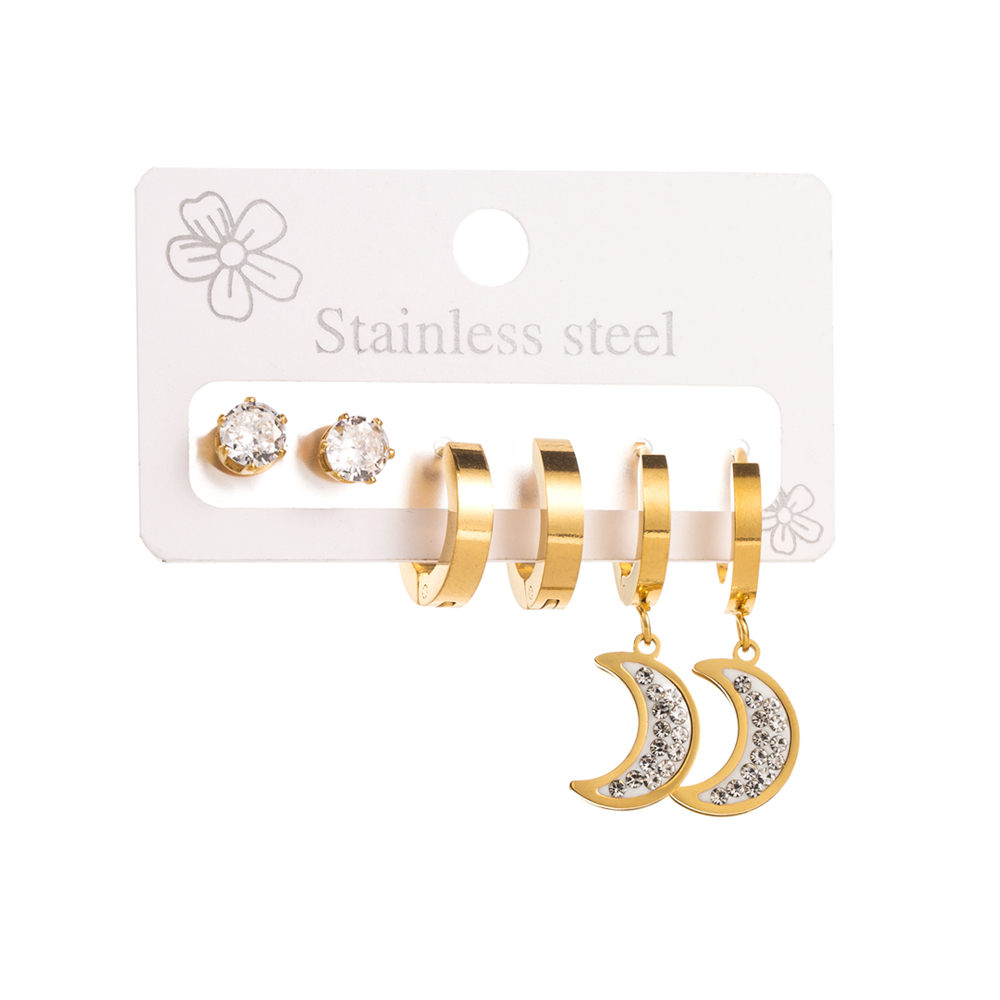 1 Set Elegant Round Moon Eye Plating Inlay 316 Stainless Steel  Rhinestones 14K Gold Plated Drop Earrings display picture 12