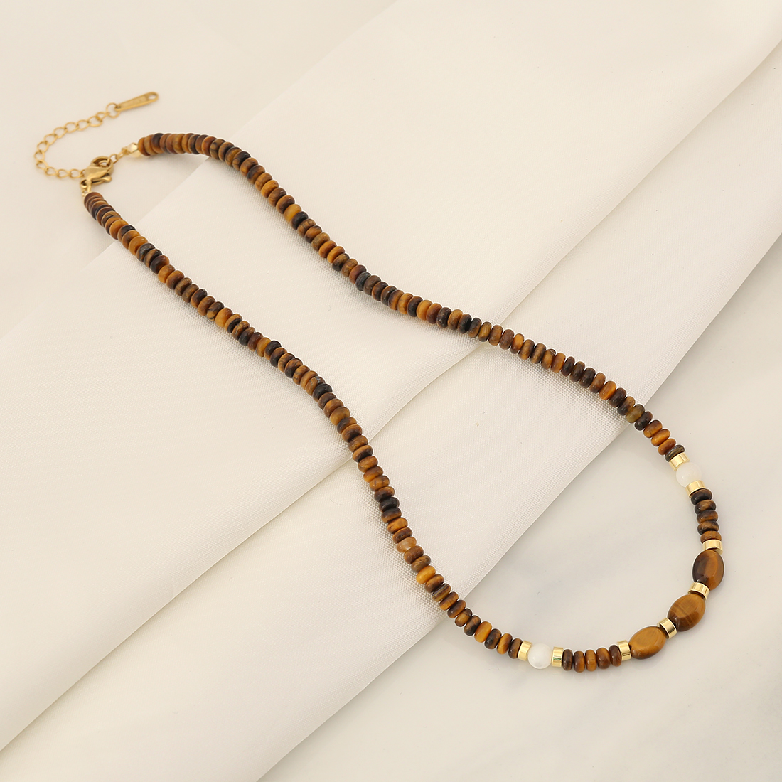 Klassischer Stil Wassertropfen Rostfreier Stahl Tigerauge Kupfer Perlen 18 Karat Vergoldet Frau Halskette display picture 5