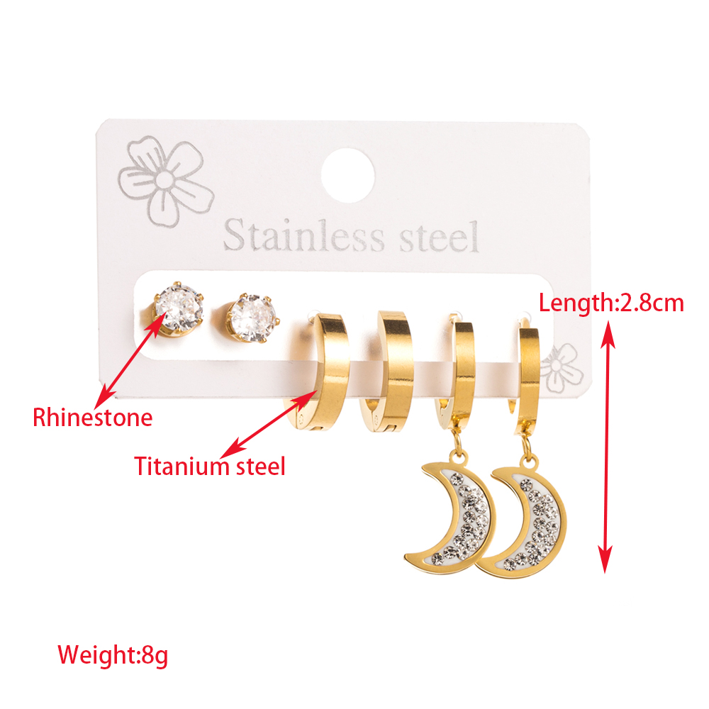 1 Set Elegant Round Moon Eye Plating Inlay 316 Stainless Steel  Rhinestones 14K Gold Plated Drop Earrings display picture 5