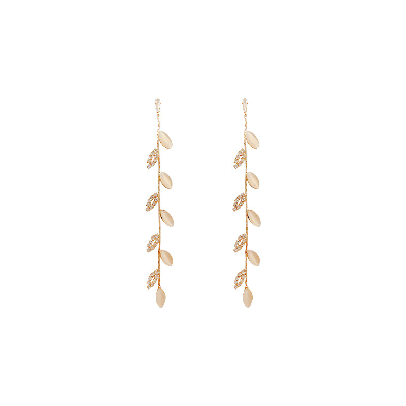 1 Pair Elegant Leaf Inlay Copper Rhinestones Opal Gold Plated Drop Earrings display picture 1