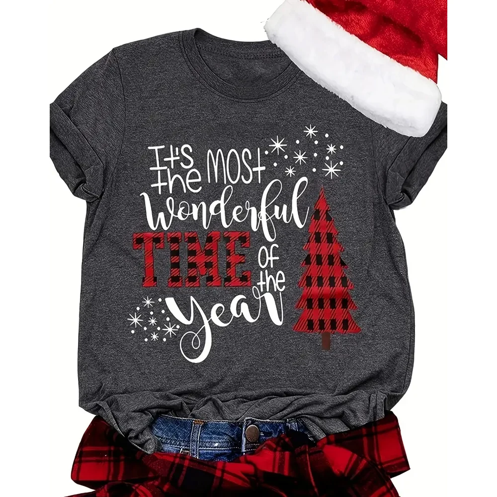 Women's T-shirt Short Sleeve T-shirts Printing Casual Christmas Tree Letter display picture 1