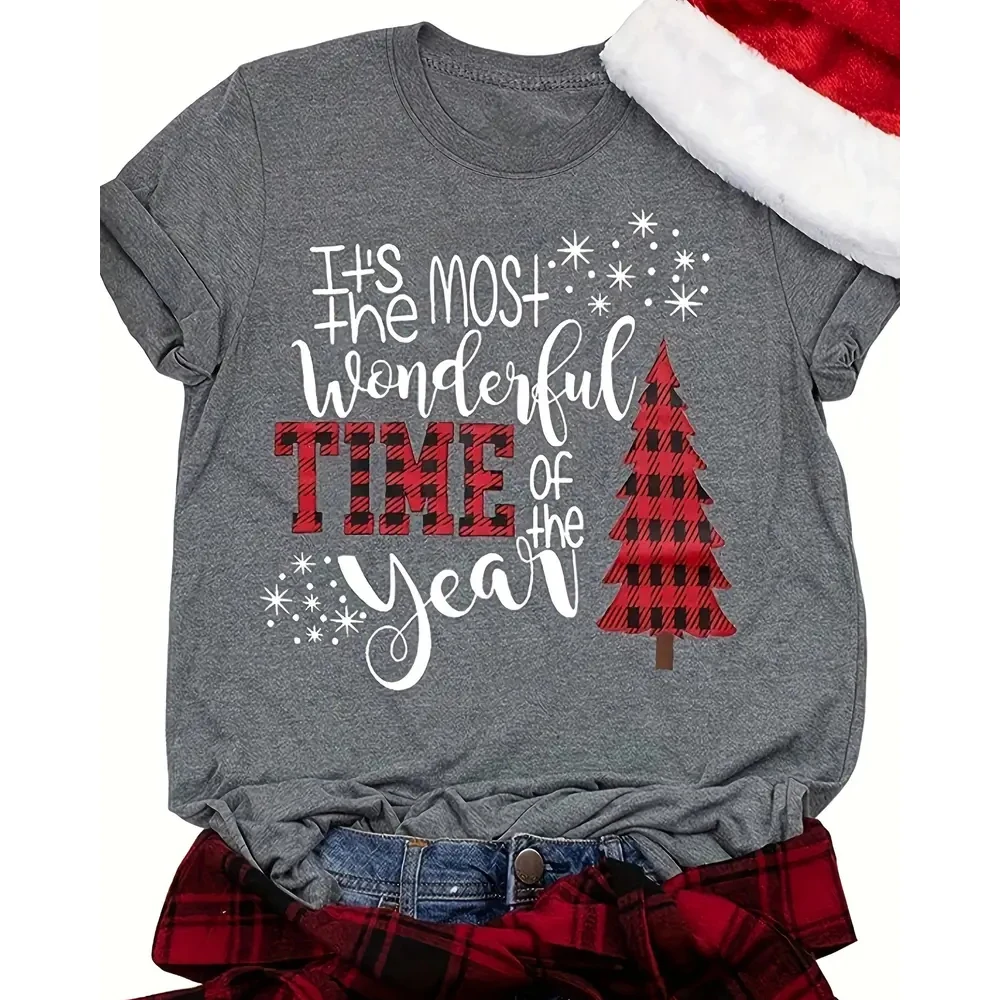 Women's T-shirt Short Sleeve T-shirts Printing Casual Christmas Tree Letter display picture 3