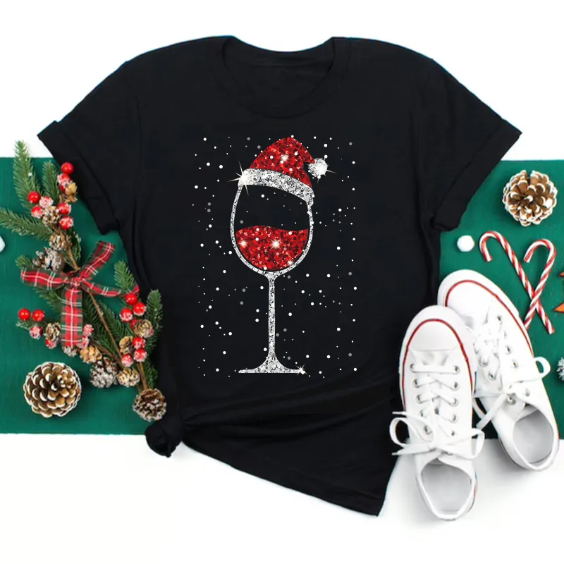 Women's T-shirt Short Sleeve T-shirts Casual Christmas Hat Letter Wine Glass display picture 2