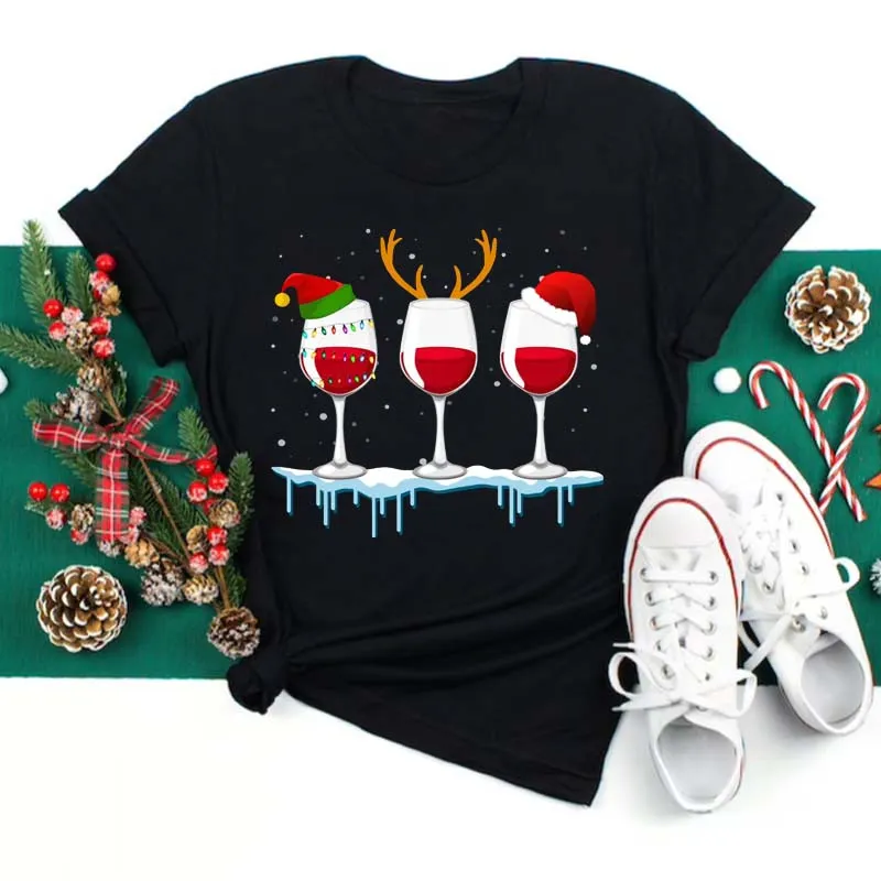 Women's T-shirt Short Sleeve T-shirts Casual Christmas Hat Letter Wine Glass display picture 3