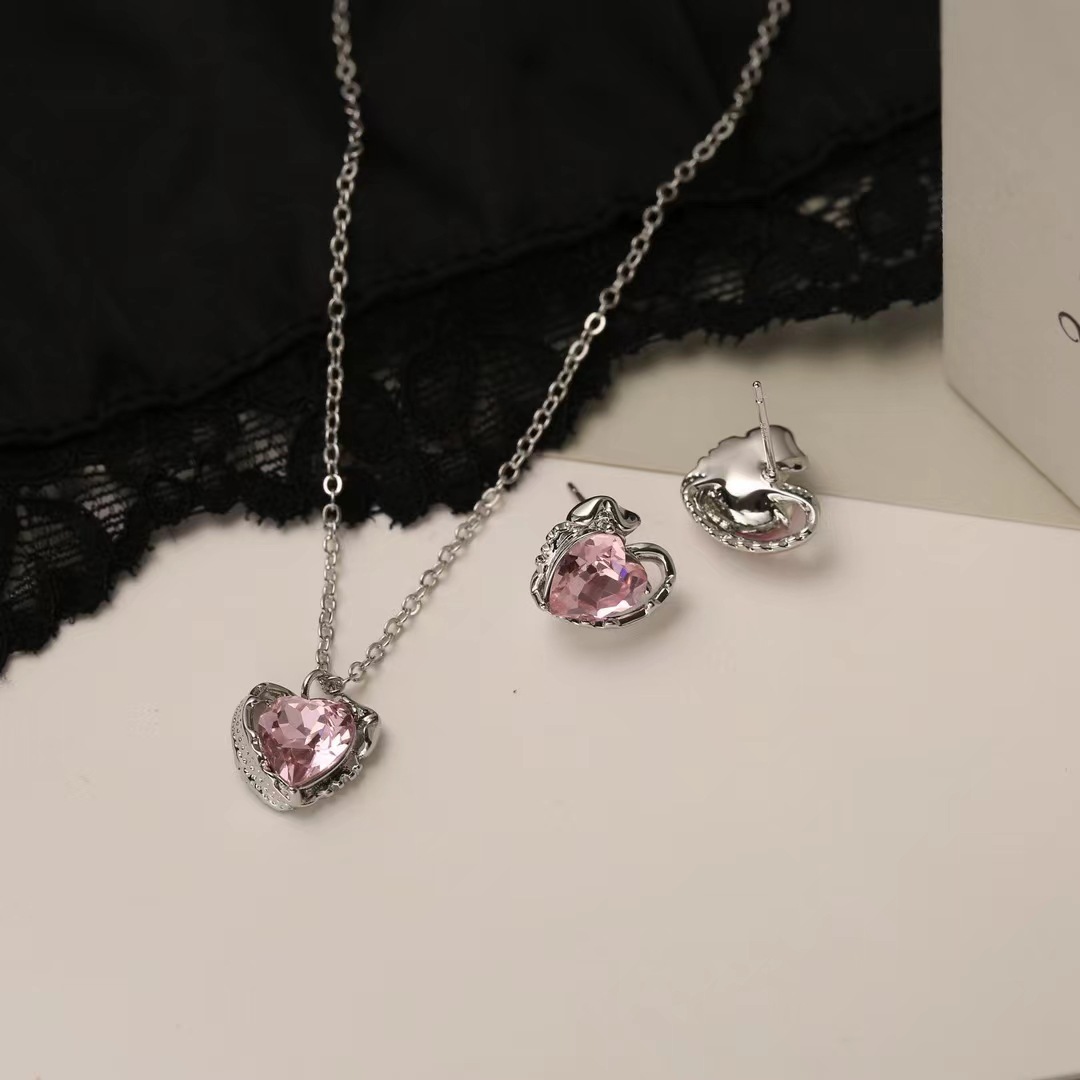Casual Lady Heart Shape Brass Inlay Zircon Earrings Necklace display picture 1