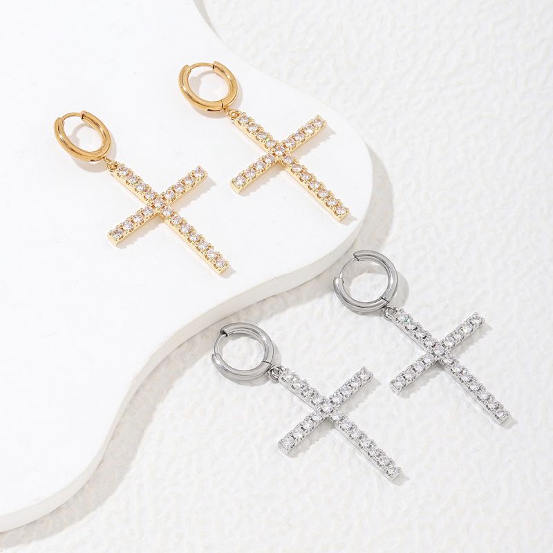 1 Pair Luxurious Cross Plating Inlay Stainless Steel Copper Artificial Rhinestones Zircon Drop Earrings display picture 7