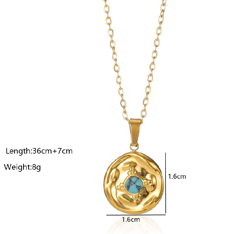 Wholesale Retro Simple Style Round Stainless Steel Plating Inlay 18k Gold Plated Turquoise Pendant Necklace display picture 3