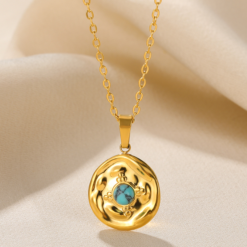Wholesale Retro Simple Style Round Stainless Steel Plating Inlay 18k Gold Plated Turquoise Pendant Necklace display picture 5