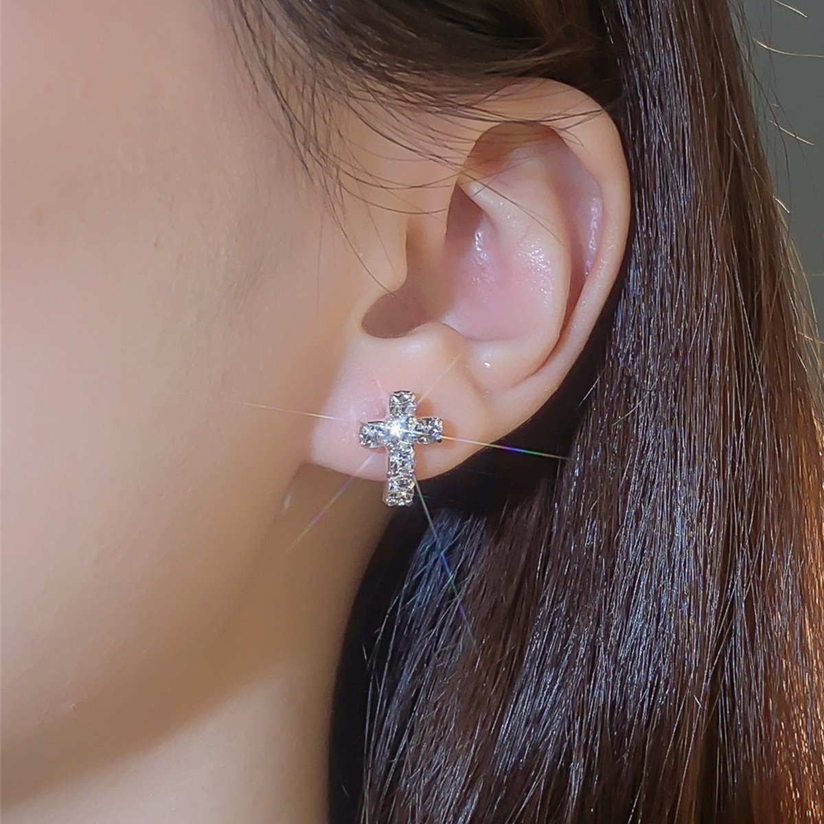 1 Pair Elegant Cross Plating Inlay Alloy Rhinestones Silver Plated Ear Studs display picture 1