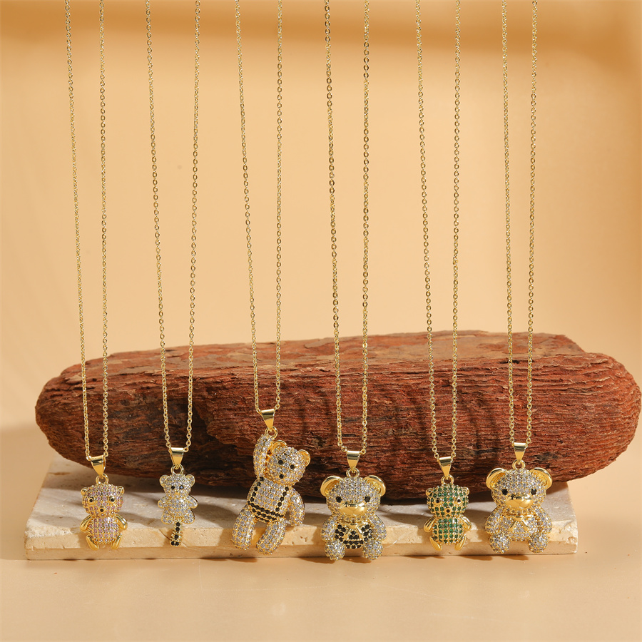 Cute Sweet Little Bear Copper Plating Inlay Zircon 14k Gold Plated Pendant Necklace display picture 1