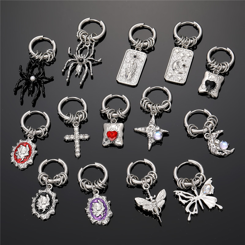 1 Piece Vintage Style Punk Streetwear Moon Spider Butterfly Stainless Steel Alloy Drop Earrings display picture 9