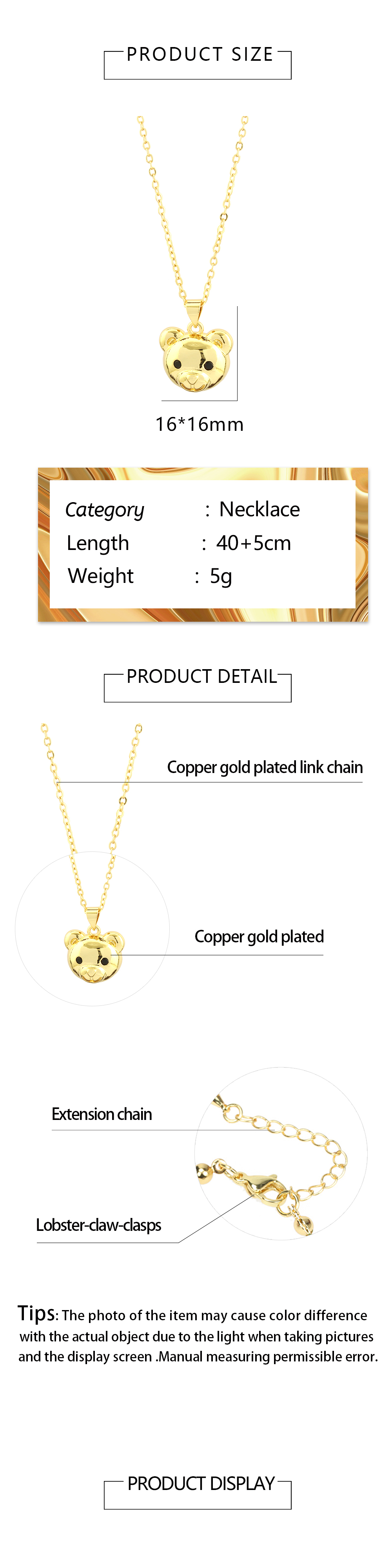 Simple Style Little Bear Copper 18k Gold Plated Pendant Necklace In Bulk display picture 1