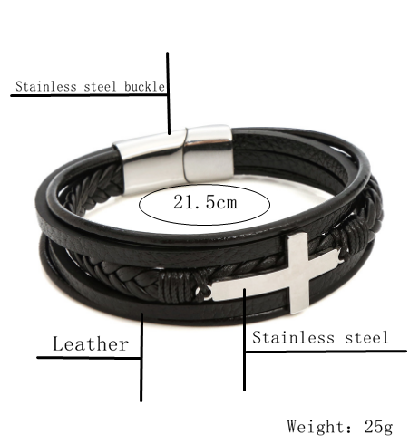 Hip-hop Simple Style Roman Style Cross Stainless Steel Pu Leather Men's Bracelets display picture 10