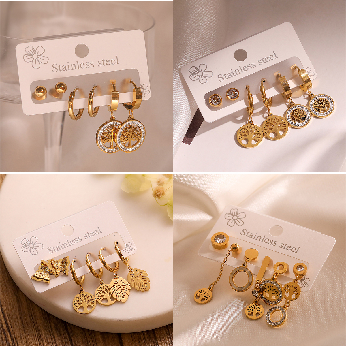 1 Set Retro Simple Style Tree Plating Inlay 304 Stainless Steel Zircon 18K Gold Plated Drop Earrings display picture 1