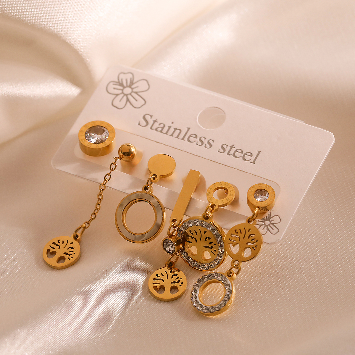 1 Set Retro Simple Style Tree Plating Inlay 304 Stainless Steel Zircon 18K Gold Plated Drop Earrings display picture 5