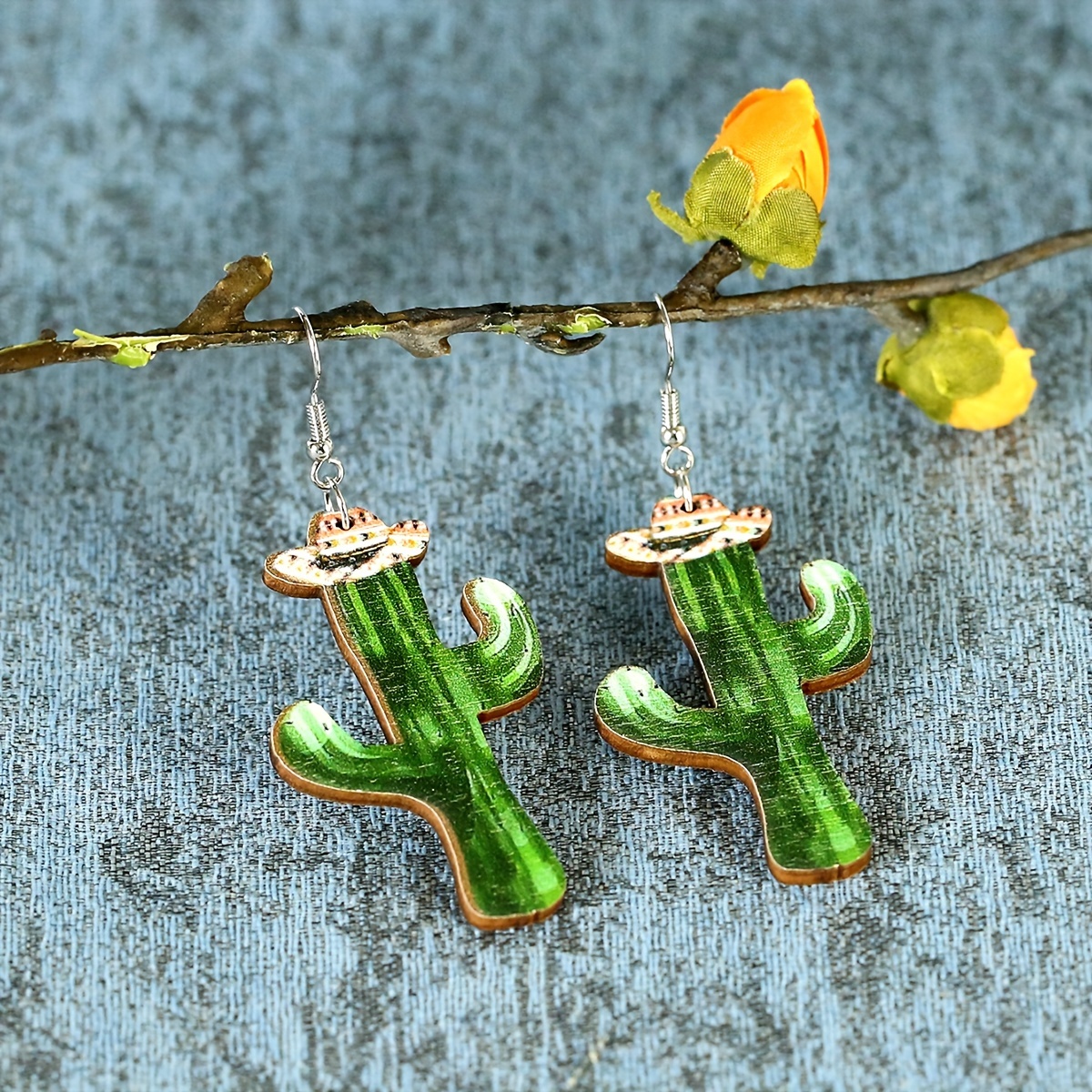 1 Pair Cartoon Style Funny Cowboy Style Cactus Boots Wood Drop Earrings display picture 3