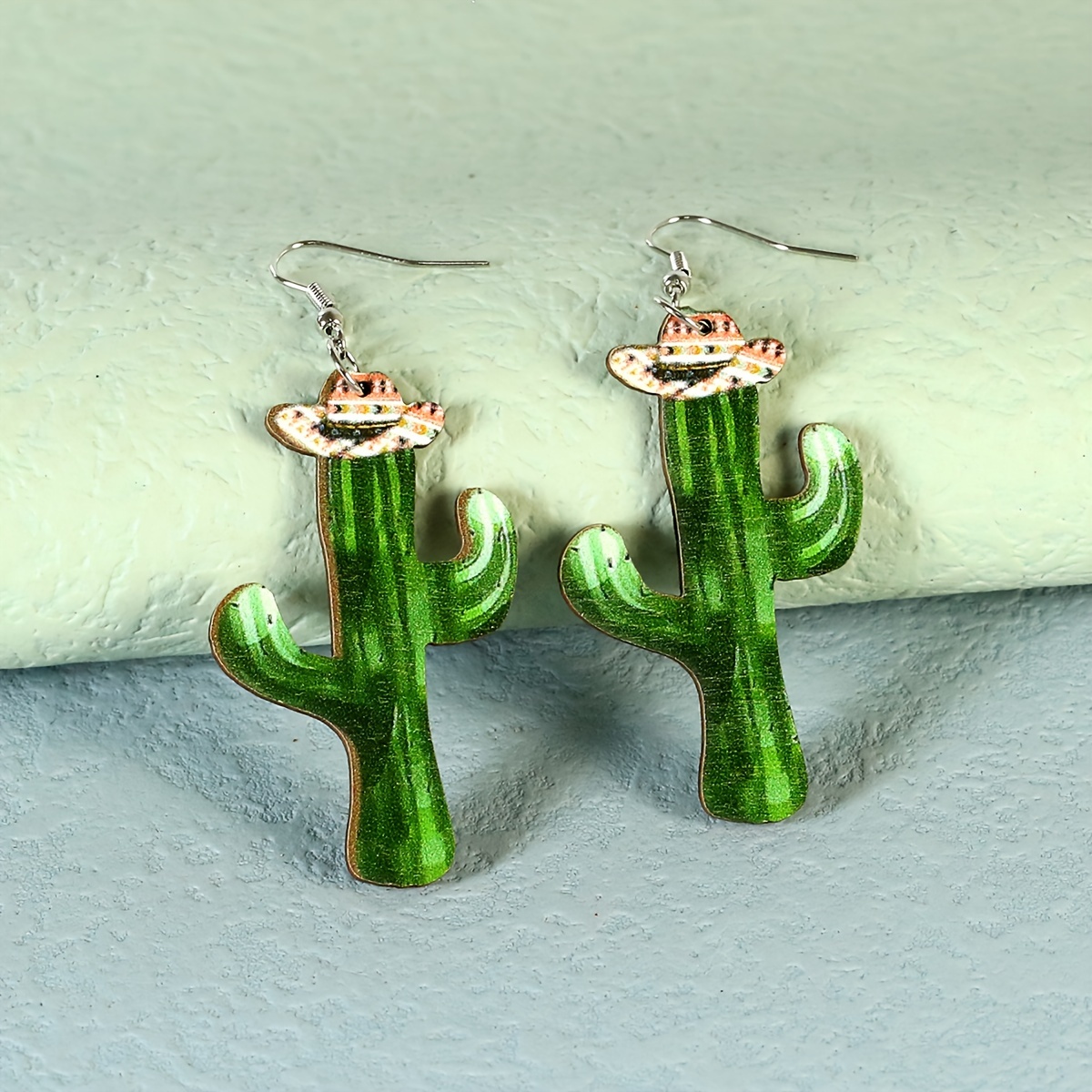 1 Pair Cartoon Style Funny Cowboy Style Cactus Boots Wood Drop Earrings display picture 2