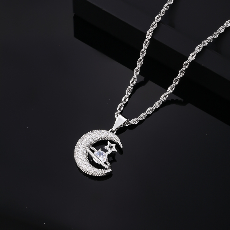 Wholesale Casual Streetwear Star Moon 304 Stainless Steel Copper Plating Inlay K Gold Plated Rhodium Plated Zircon Pendant Necklace display picture 4