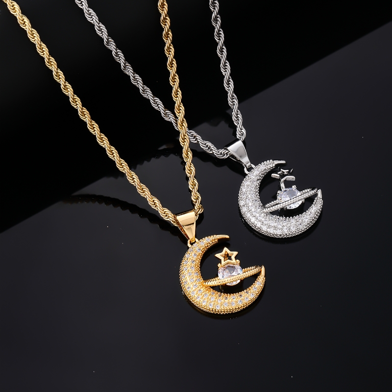 Wholesale Casual Streetwear Star Moon 304 Stainless Steel Copper Plating Inlay K Gold Plated Rhodium Plated Zircon Pendant Necklace display picture 1