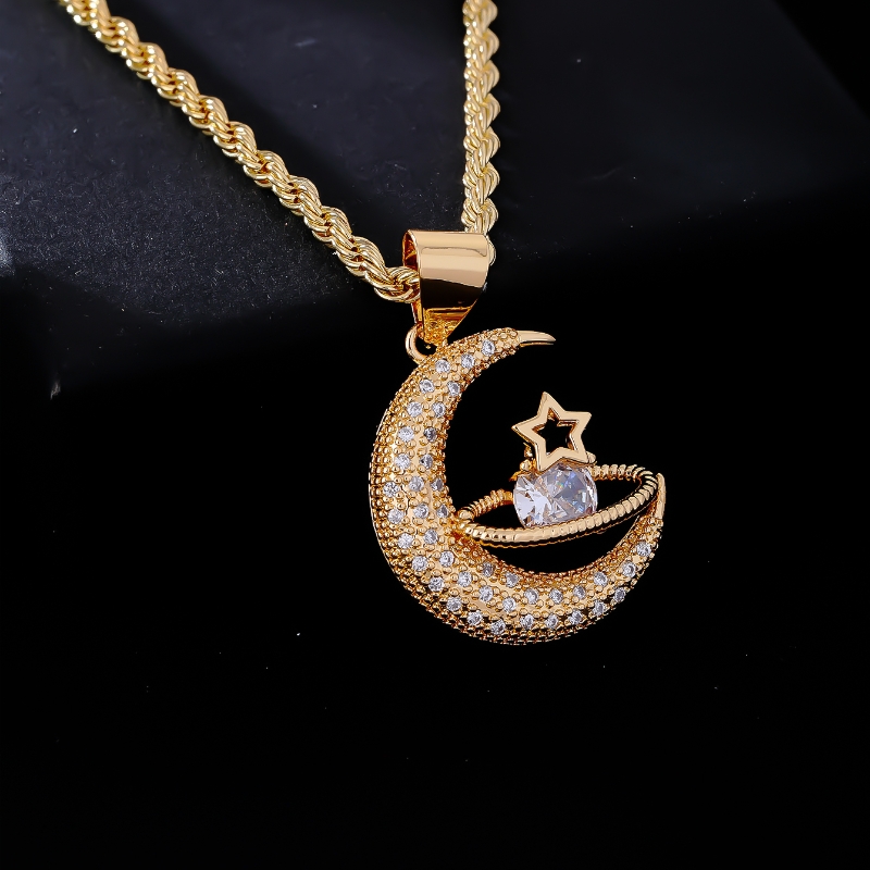 Wholesale Casual Streetwear Star Moon 304 Stainless Steel Copper Plating Inlay K Gold Plated Rhodium Plated Zircon Pendant Necklace display picture 5
