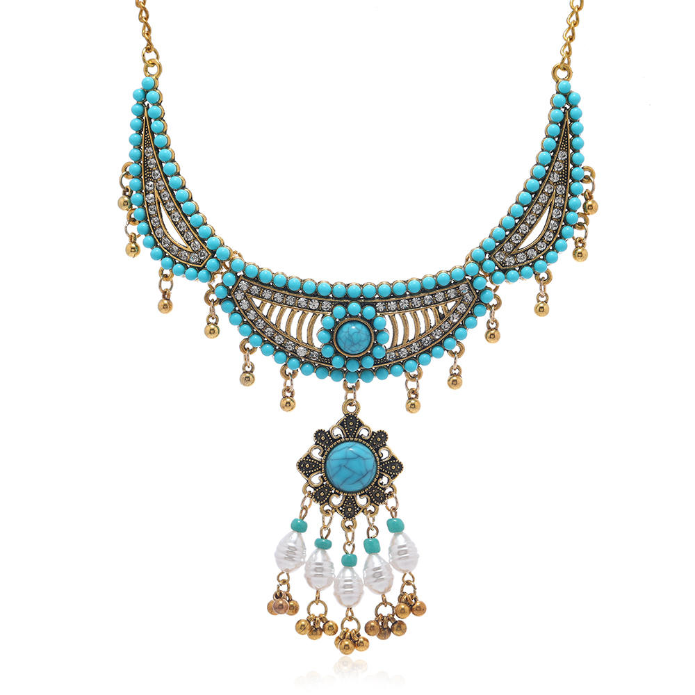 Retro Tropical Round Alloy Tassel Plating Inlay Turquoise Gold Plated Women's Jewelry Set display picture 6