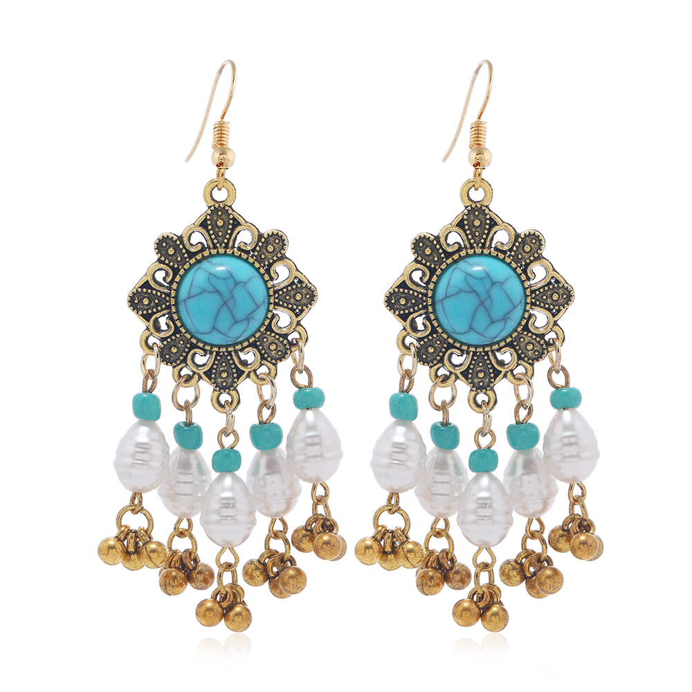 Retro Tropical Round Alloy Tassel Plating Inlay Turquoise Gold Plated Women's Jewelry Set display picture 7