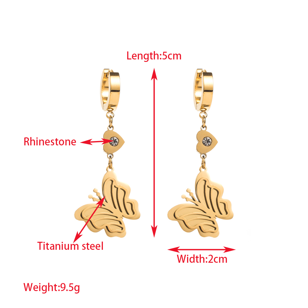 1 Par Elegante Dulce Ronda Forma De Corazón Mariposa Embutido Acero Inoxidable 316 Diamantes De Imitación Chapado En Oro De 14 Quilates. Pendientes De Gota display picture 3