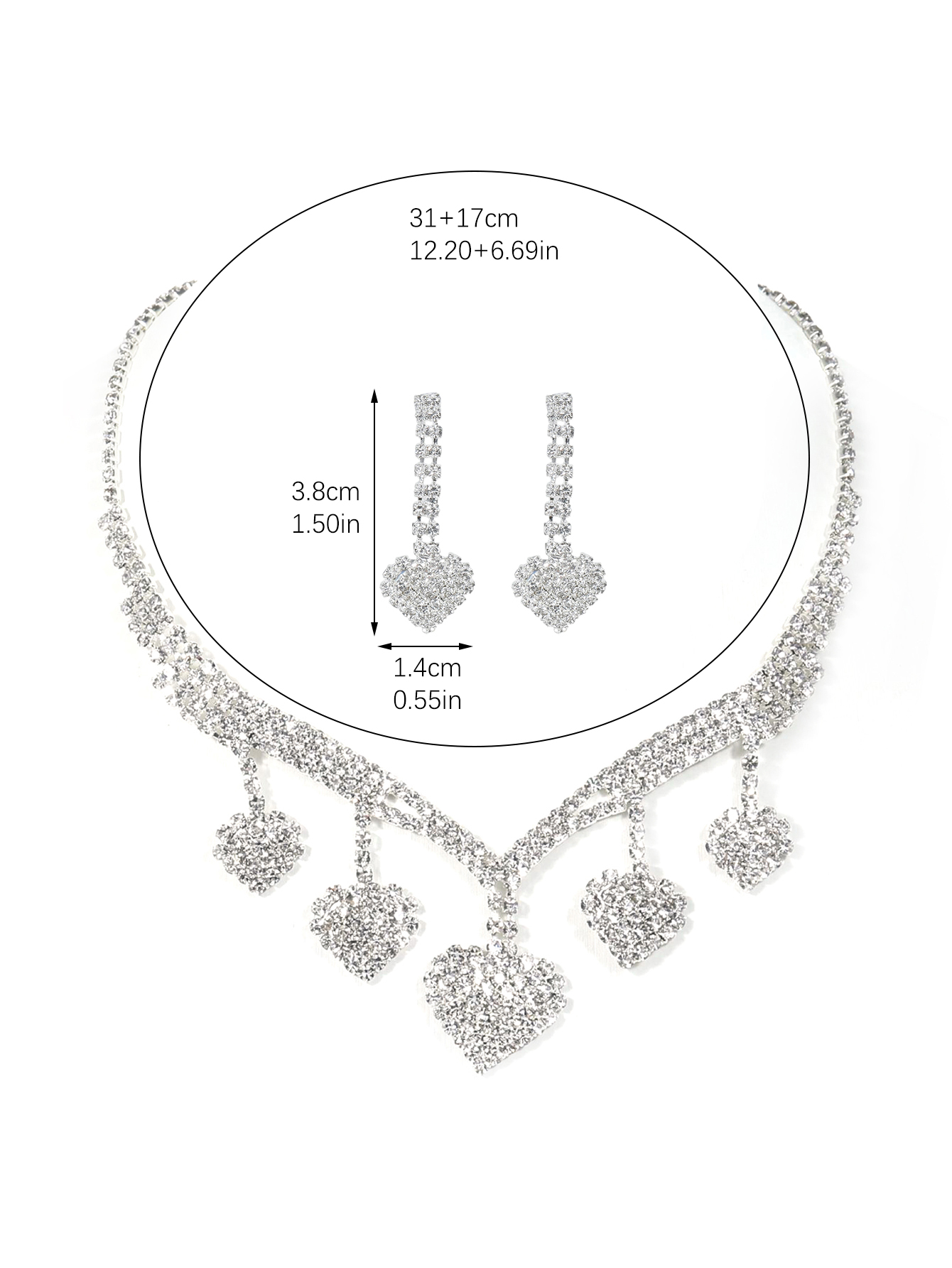 Élégant Vêtement De Rue Forme De Cœur Alliage Incruster Strass Plaqué Argent Femmes Des Boucles D'oreilles Collier display picture 6