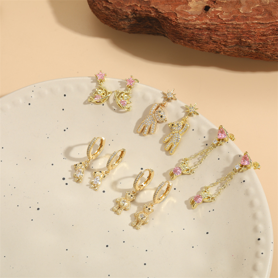 1 Pair Simple Style Bear Plating Chain Inlay Copper Zircon 14k Gold Plated Drop Earrings display picture 5