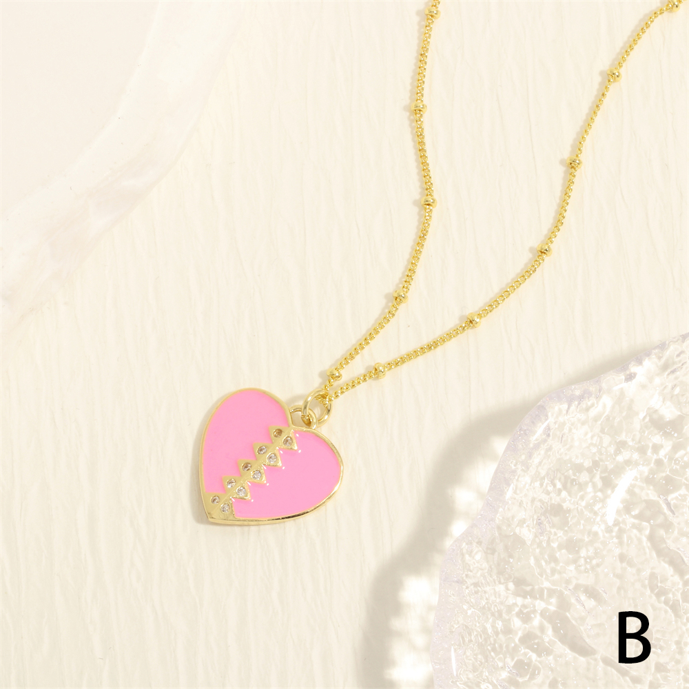 Sweet Simple Style Heart Shape Copper Enamel Inlay Zircon 18k Gold Plated Pendant Necklace display picture 7