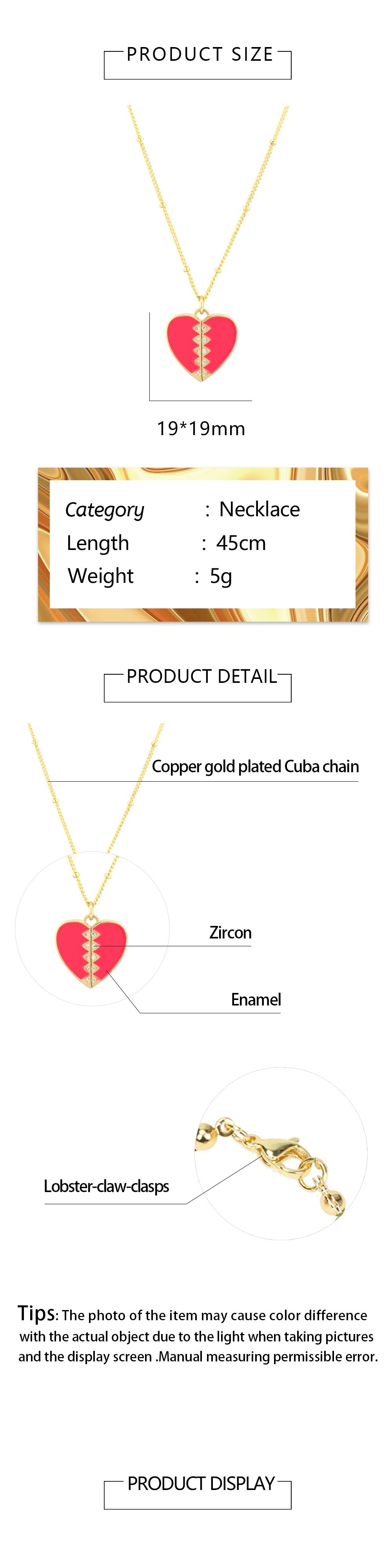 Sweet Simple Style Heart Shape Copper Enamel Inlay Zircon 18k Gold Plated Pendant Necklace display picture 1